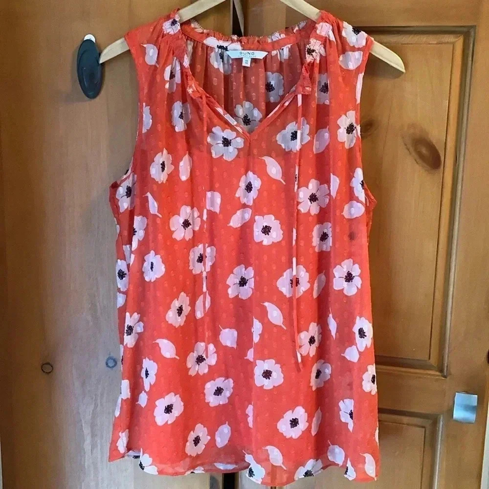 Floral Sleeveless Top - Orange and White